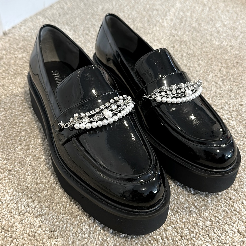 NWOT STUART WEITZMAN Pearldrop Platform Loafer Platform Patent Black 39/US8.5